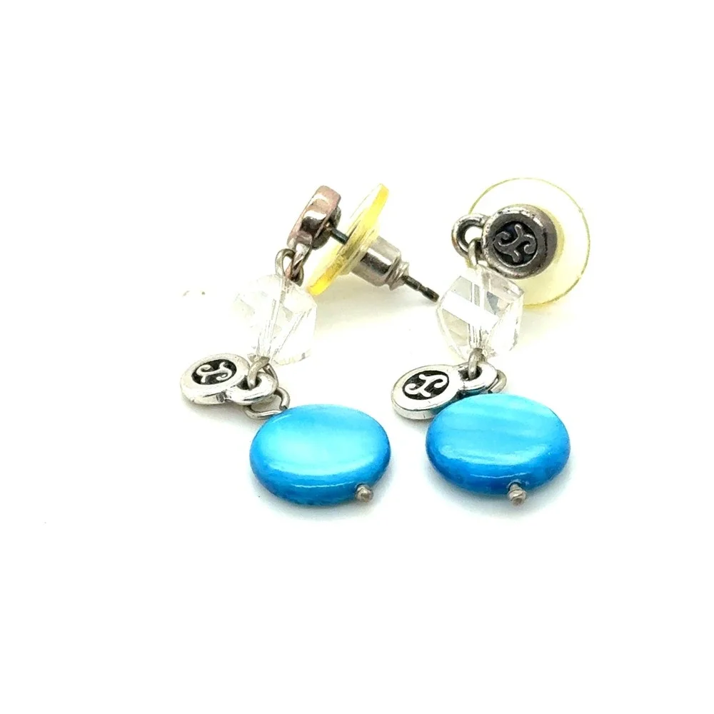 Brighton Blue Mother of Pearl Crystal Drop Earrings Silver Tone Scroll Logo
